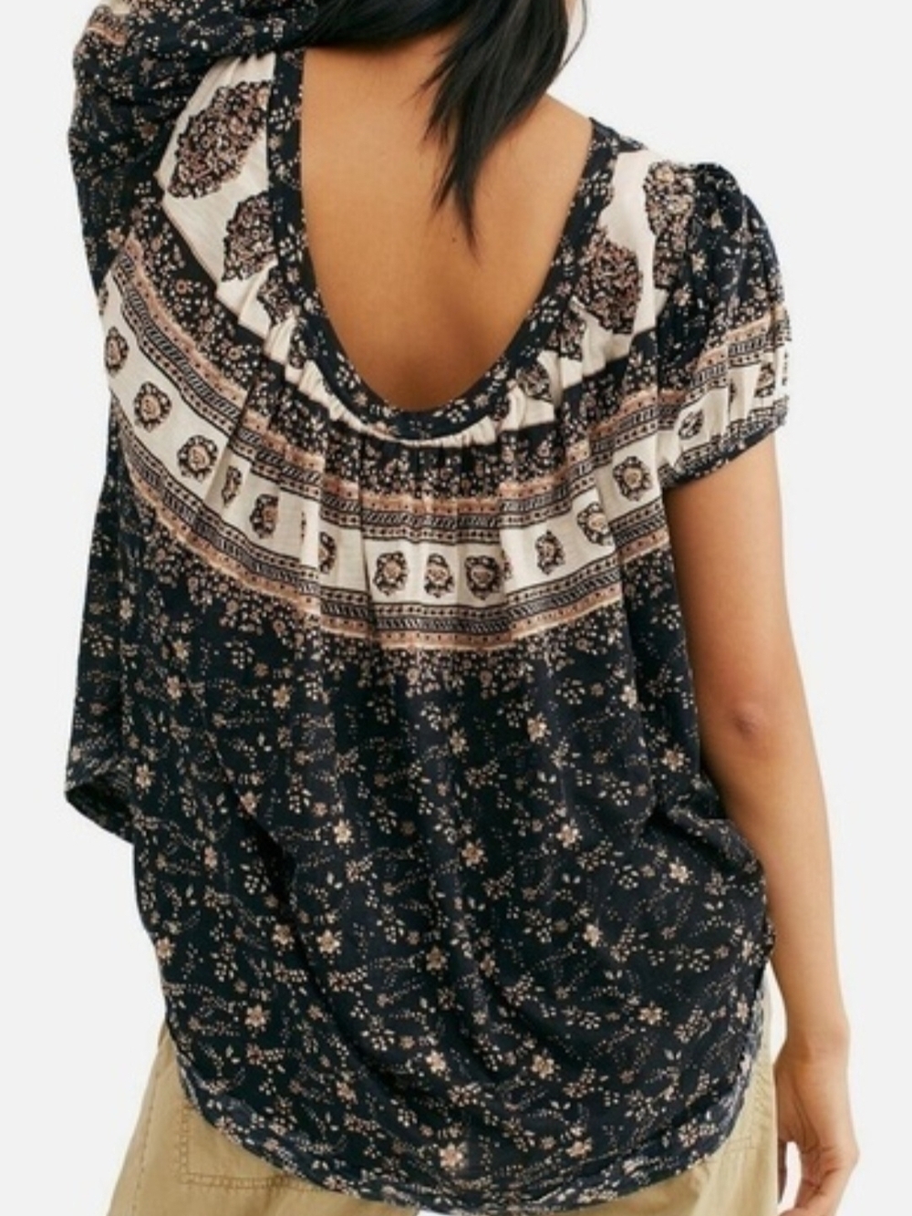 Free People Navy Paisley Border Print Short Sleeve Blouse - Picture 2 of 13
